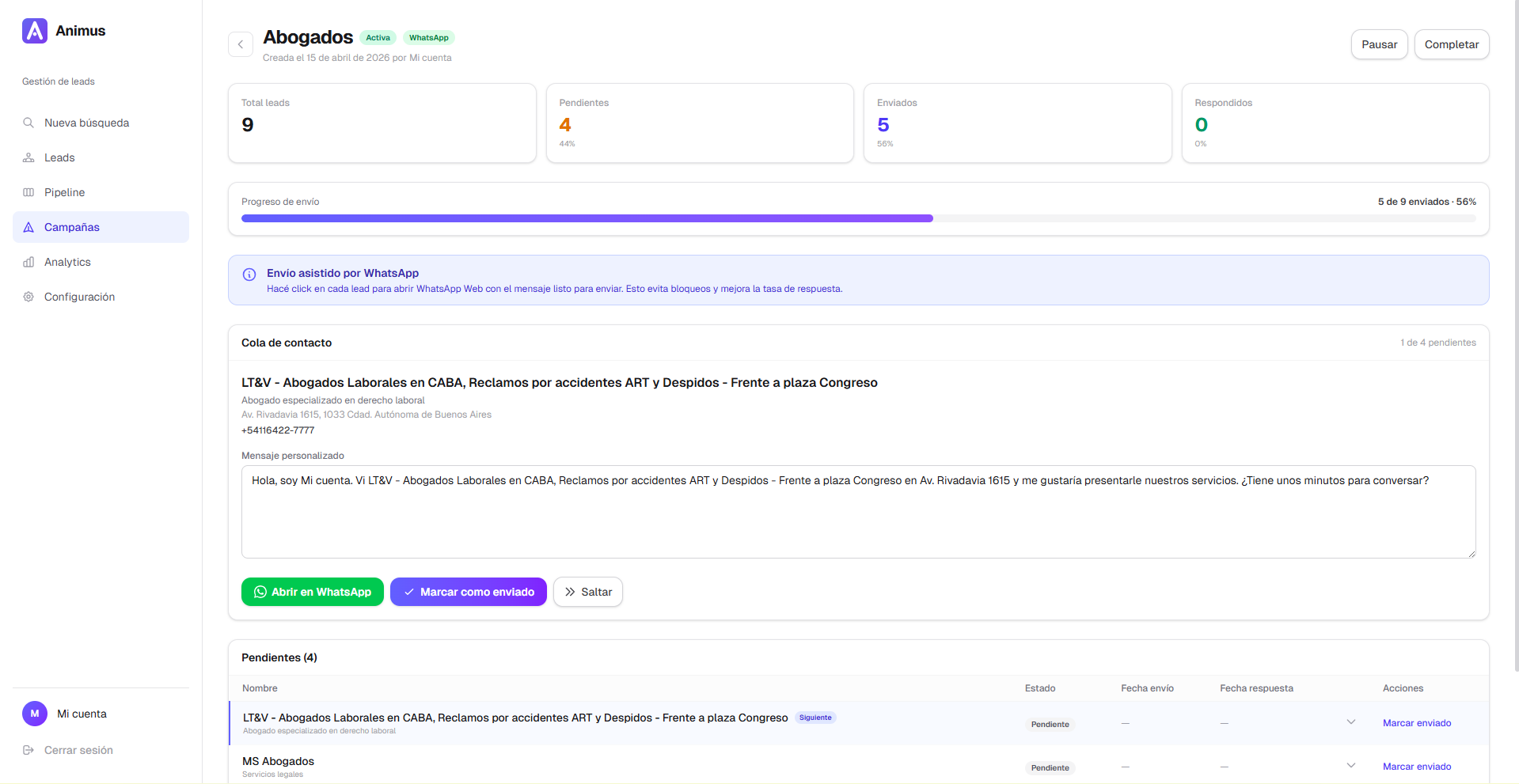 Gestión de campañas de WhatsApp en Animus
