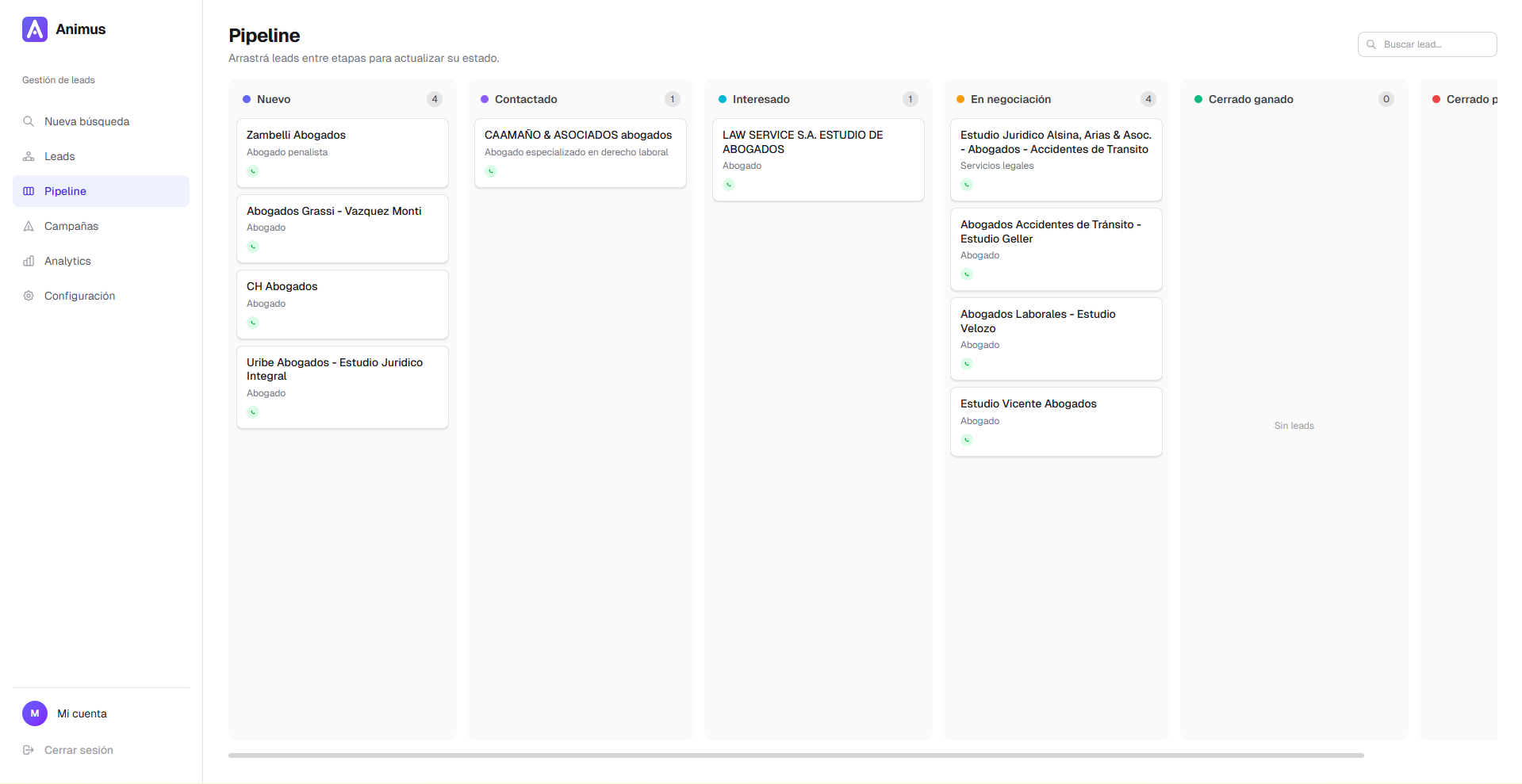 Pipeline Kanban de leads en Animus