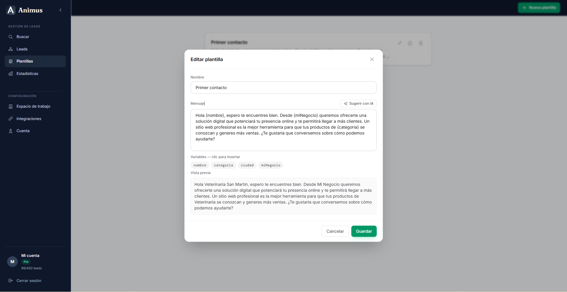 Editor de plantillas de WhatsApp con sugerencias IA